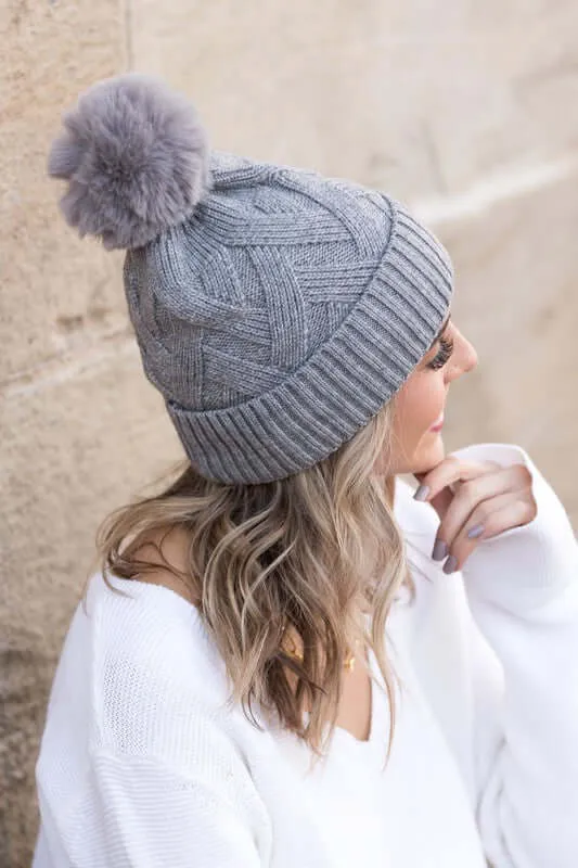 Soft Chunky Knit Fur Pom Beanie Hat