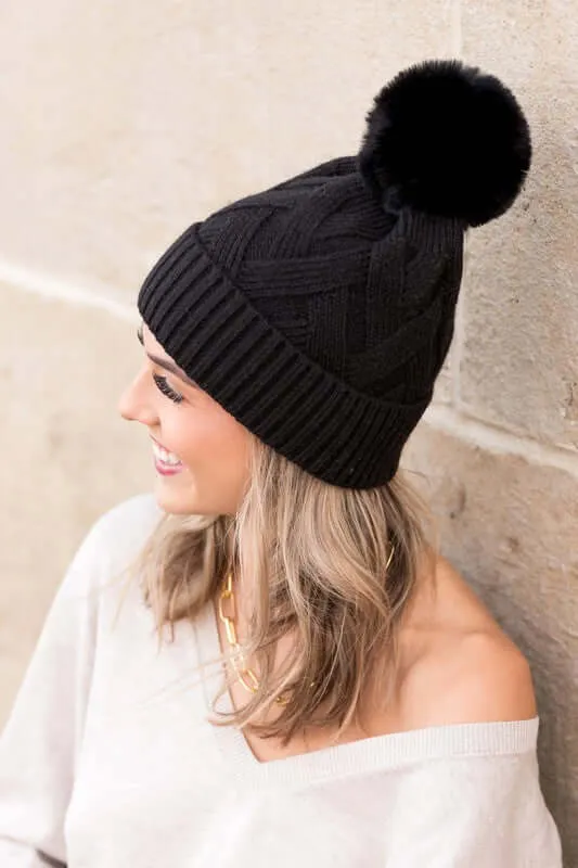 Soft Chunky Knit Fur Pom Beanie Hat