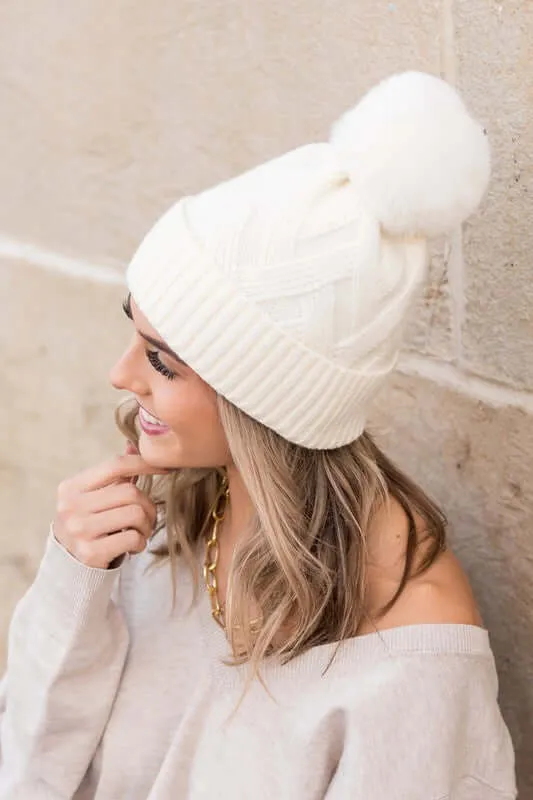 Soft Chunky Knit Fur Pom Beanie Hat