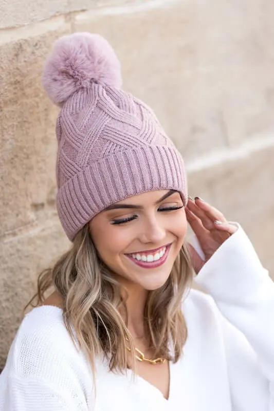 Soft Chunky Knit Fur Pom Beanie Hat