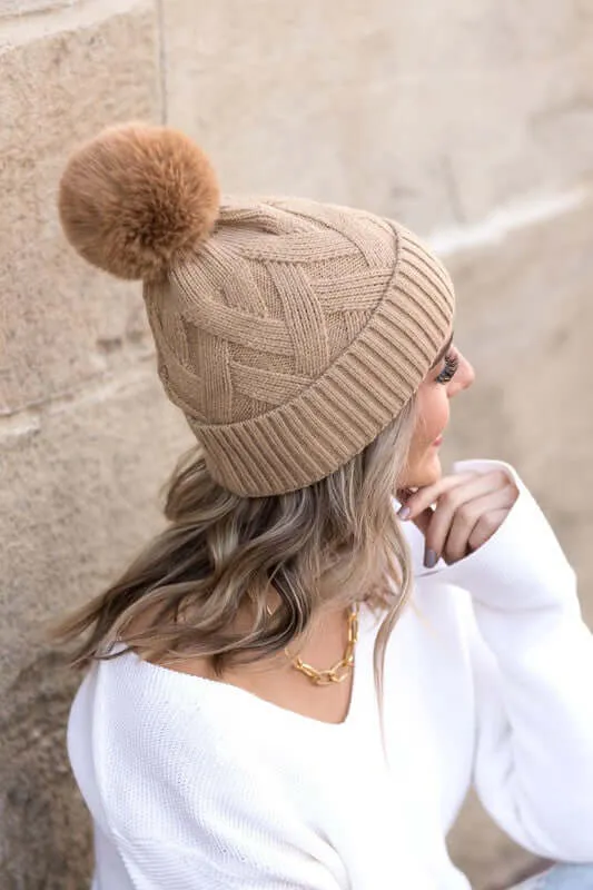 Soft Chunky Knit Fur Pom Beanie Hat