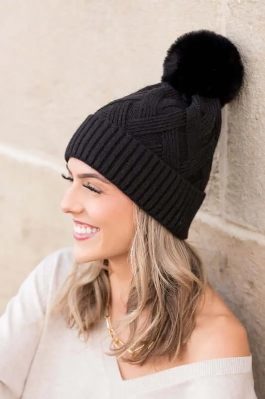 Soft Chunky Knit Fur Pom Beanie Hat