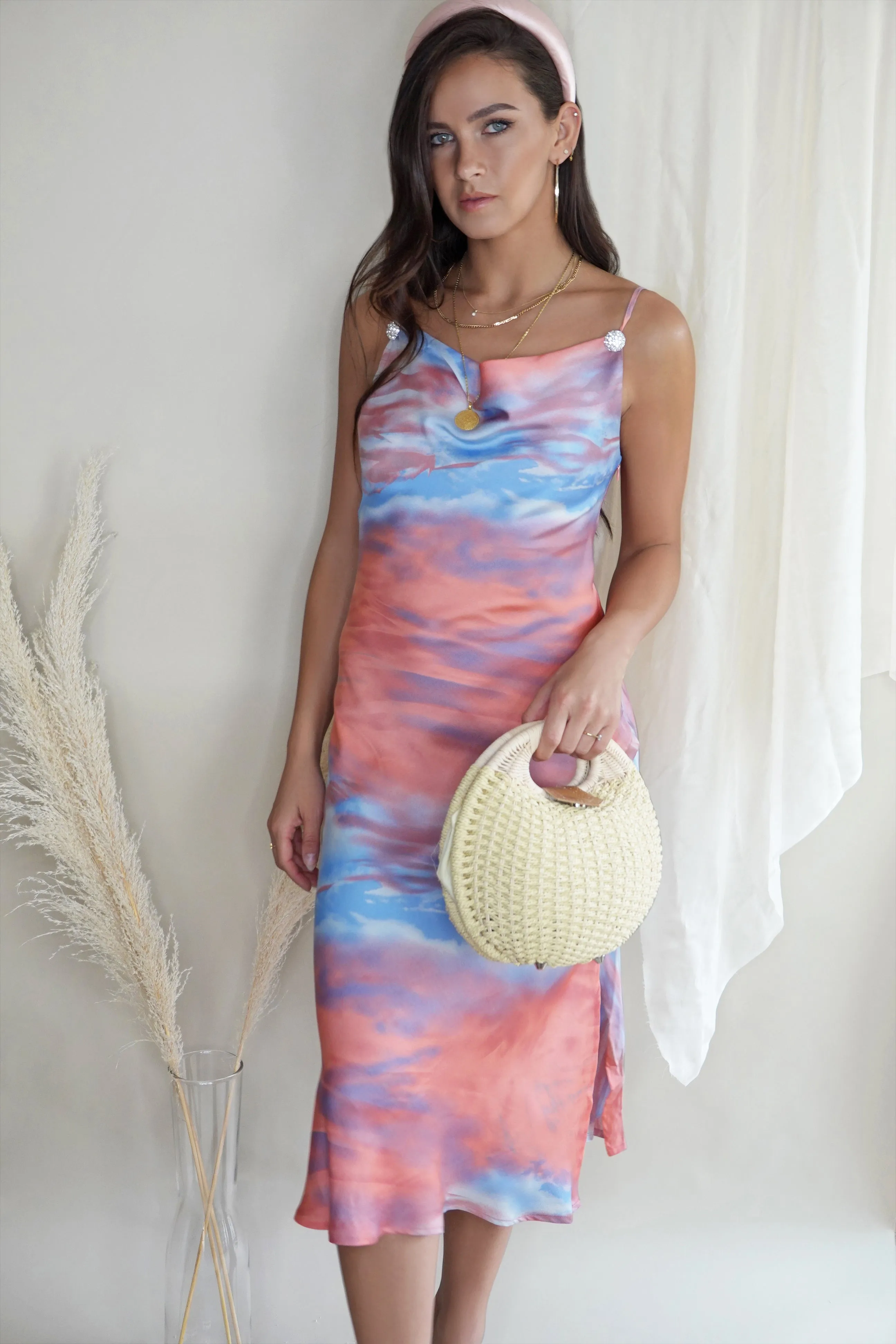 Sylvia Pink Tie Dye Cowl Neck Slip Dress