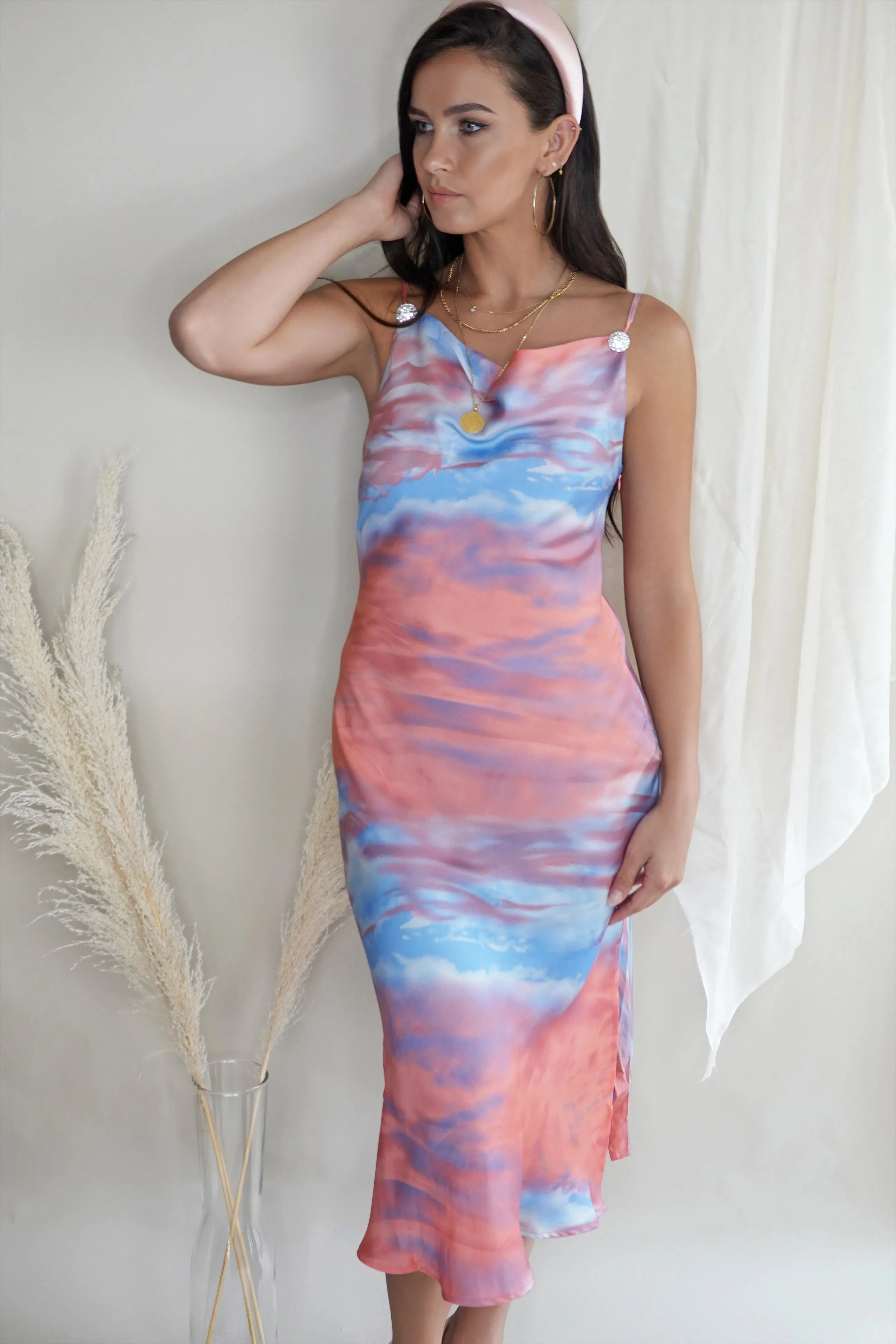 Sylvia Pink Tie Dye Cowl Neck Slip Dress