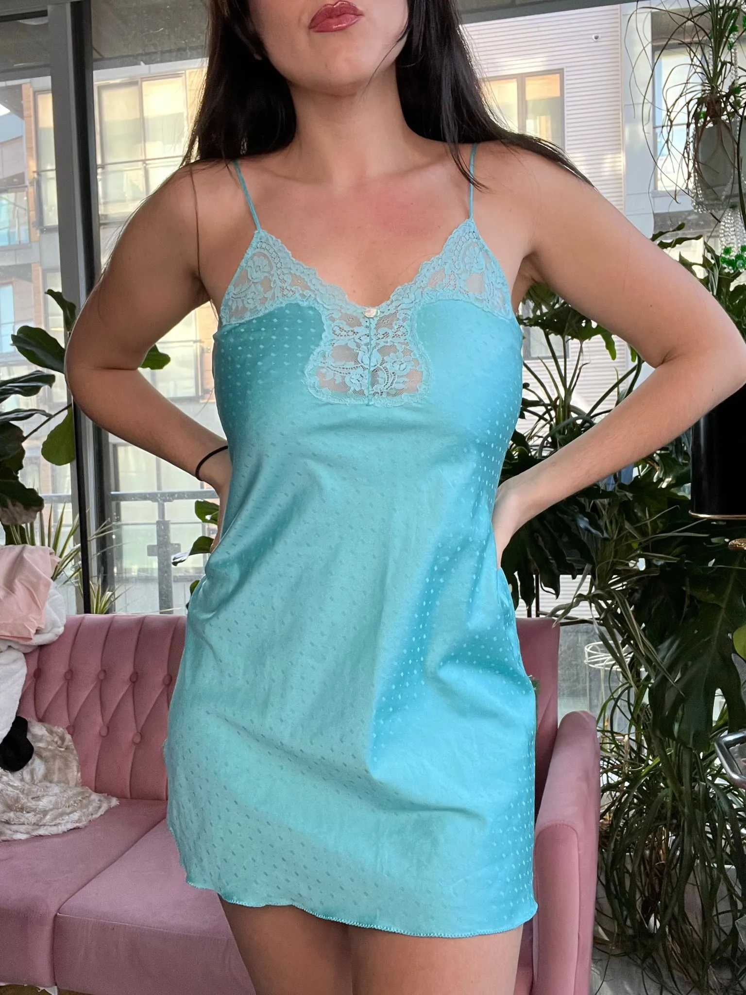 Vintage Aqua Blue Satin Polka Dot Slip Dress with Lace Trim