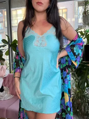 Vintage Aqua Blue Satin Polka Dot Slip Dress with Lace Trim