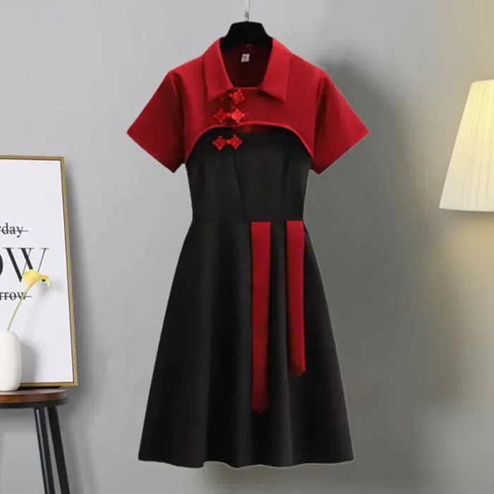 Vintage Red Buckle Vest Slip Dress Set