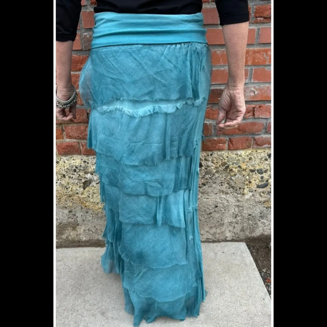Washed Teal Silk Tiered Skirt - KGG1-WT