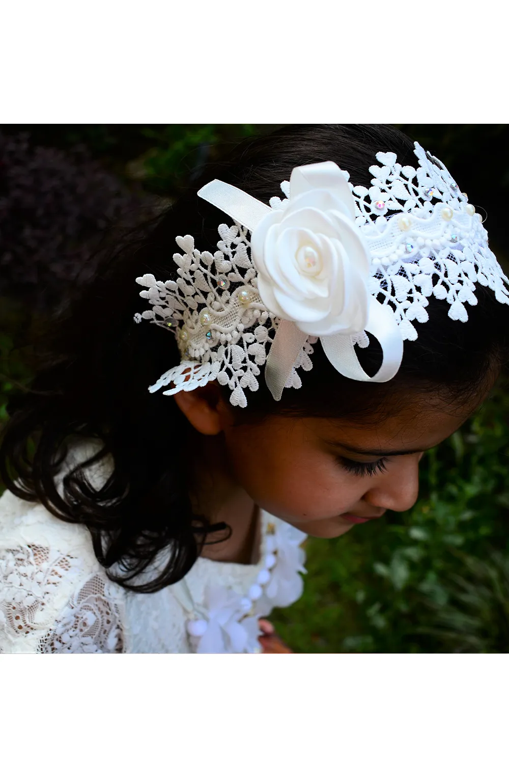 White lace hairband with bow and flower