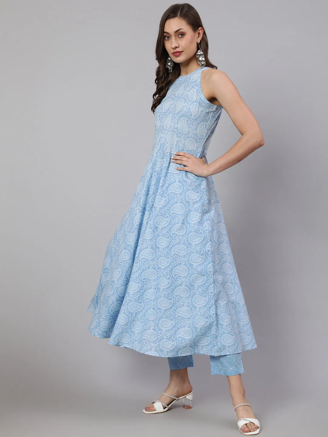 Women Blue Printed Halter Neck Fit & Flared Kurta With Printed Pant & Dupatta With Lace Taping