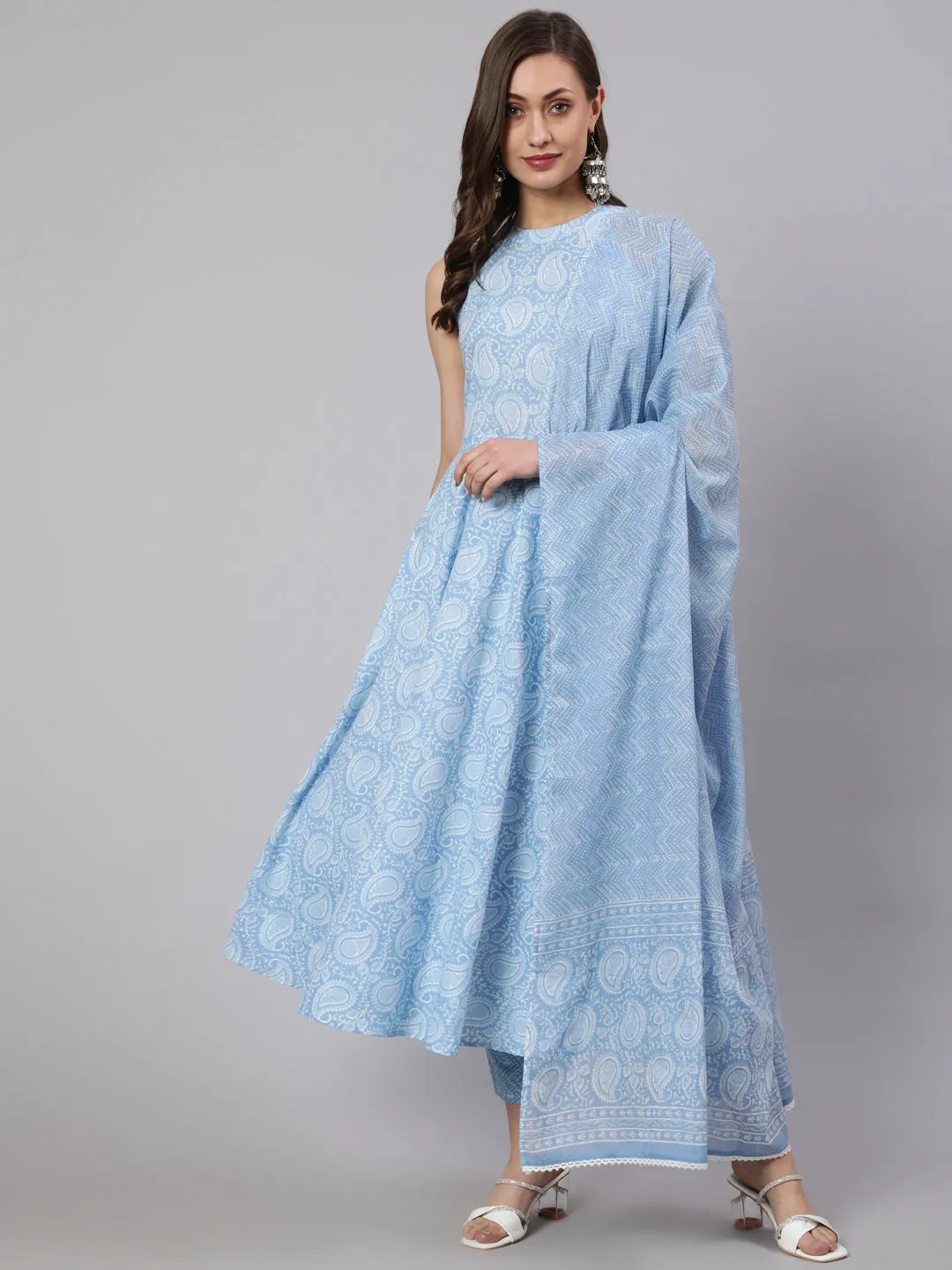 Women Blue Printed Halter Neck Fit & Flared Kurta With Printed Pant & Dupatta With Lace Taping