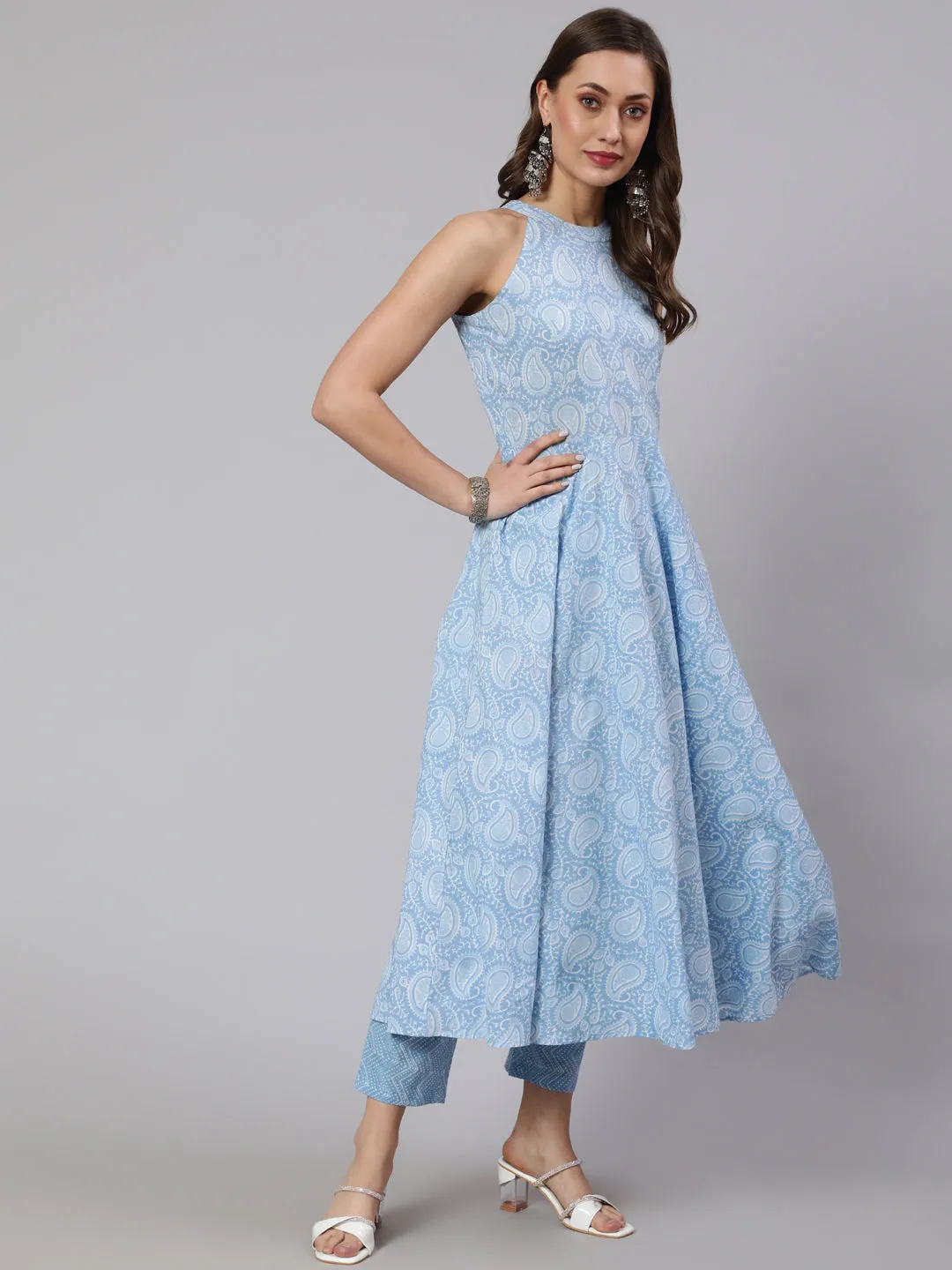 Women Blue Printed Halter Neck Fit & Flared Kurta With Printed Pant & Dupatta With Lace Taping
