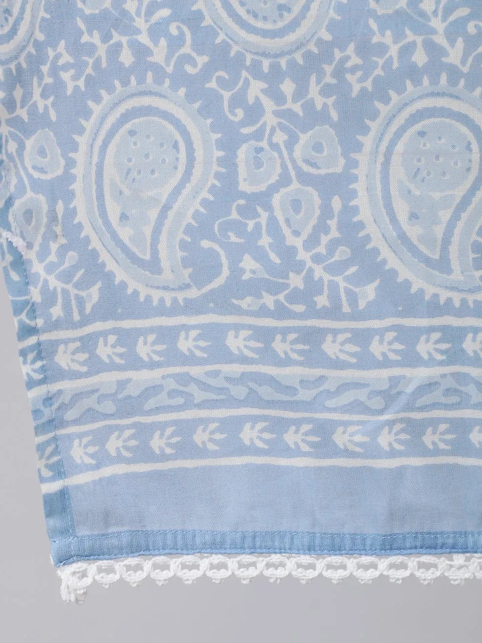 Women Blue Printed Halter Neck Fit & Flared Kurta With Printed Pant & Dupatta With Lace Taping