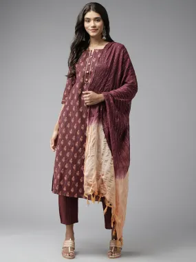 Women Brown Cotton Lurex Kurta Set With Dupatta
