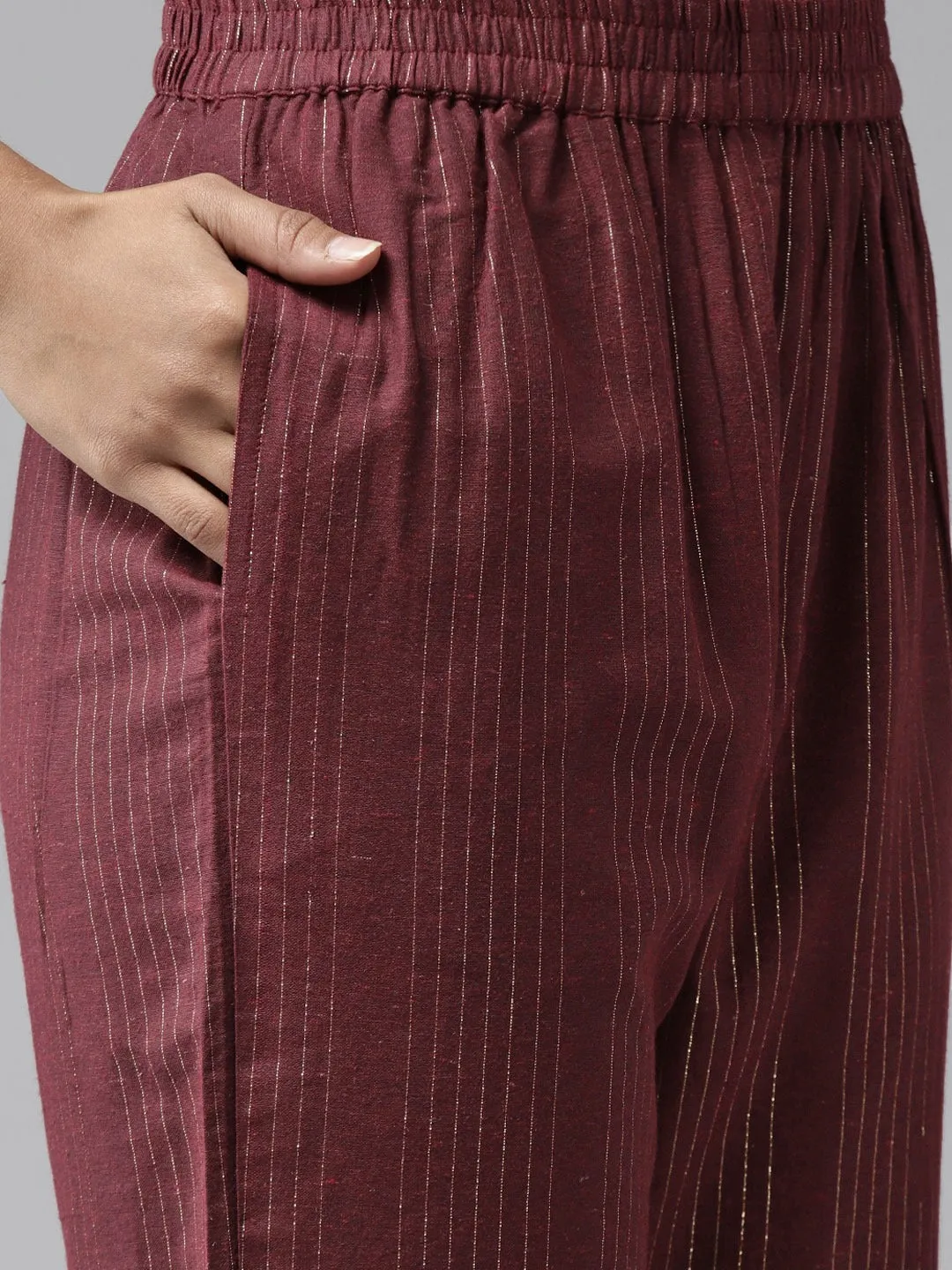 Women Brown Cotton Lurex Kurta Set With Dupatta