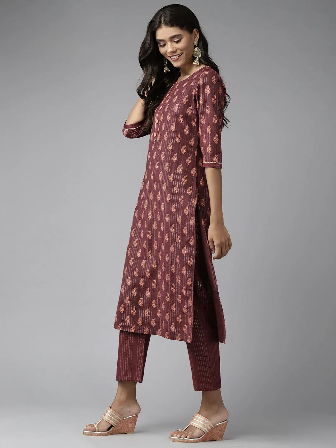Women Brown Cotton Lurex Kurta Set With Dupatta