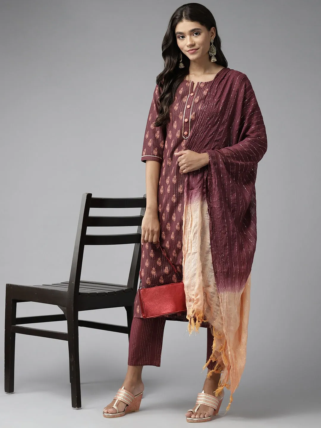 Women Brown Cotton Lurex Kurta Set With Dupatta