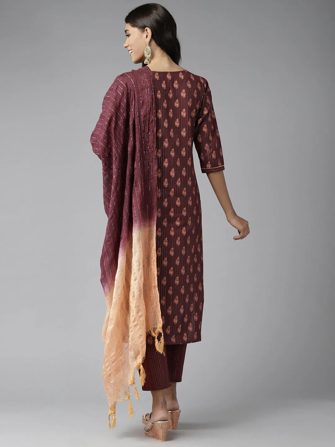 Women Brown Cotton Lurex Kurta Set With Dupatta
