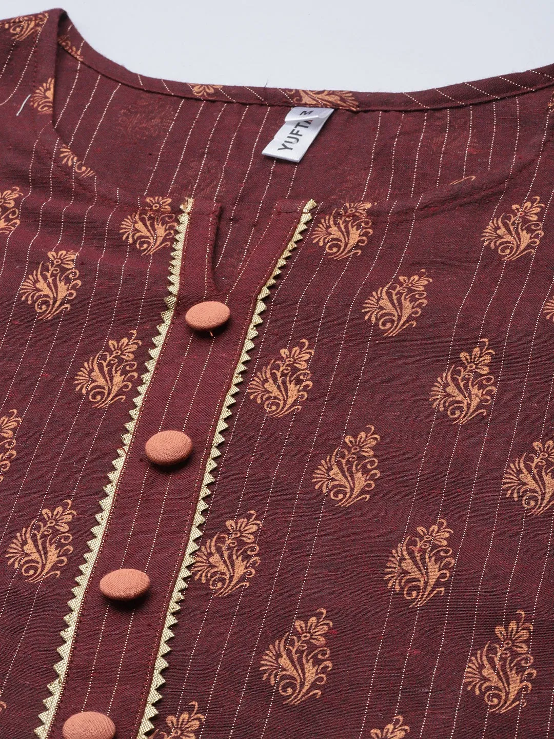 Women Brown Cotton Lurex Kurta Set With Dupatta