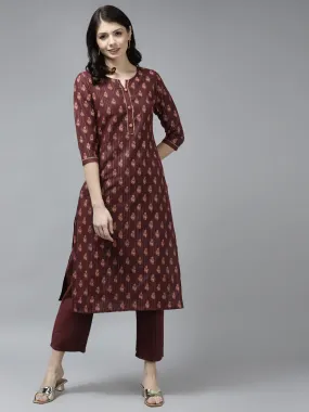 Women Brown Cotton Lurex Kurta Set