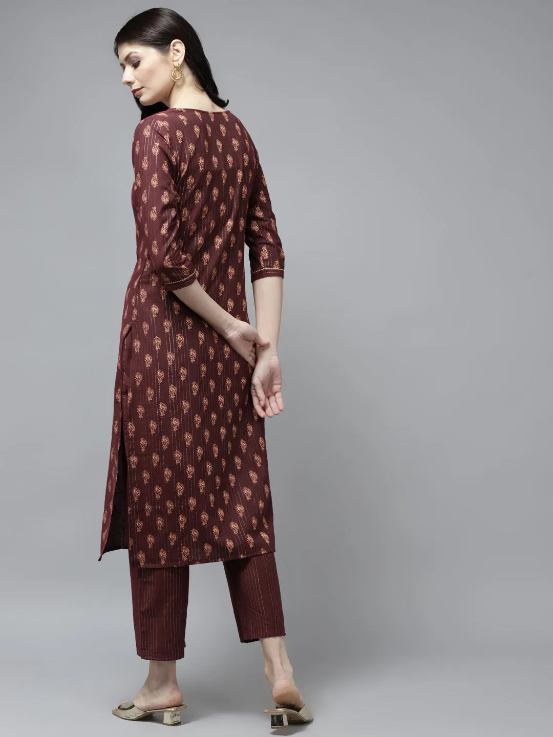 Women Brown Cotton Lurex Kurta Set