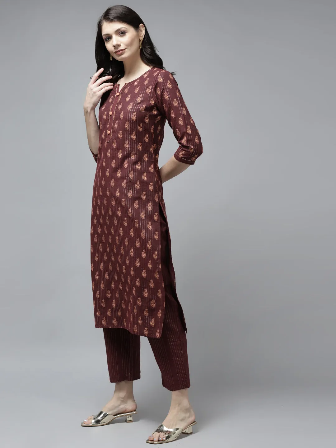 Women Brown Cotton Lurex Kurta Set