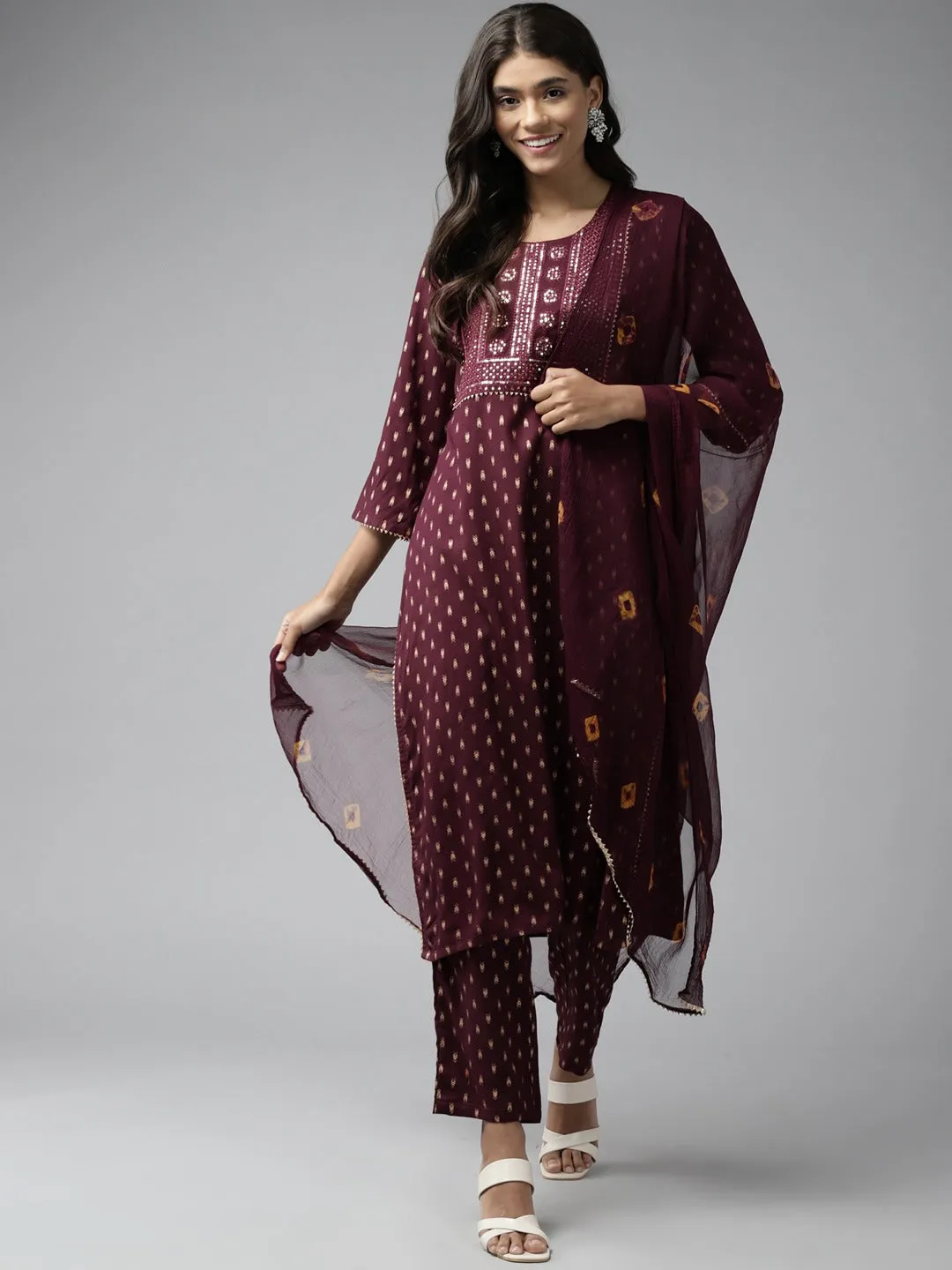 Women Burgundy Sequins Work Rayon Kurta With Pant And Dupatta Set