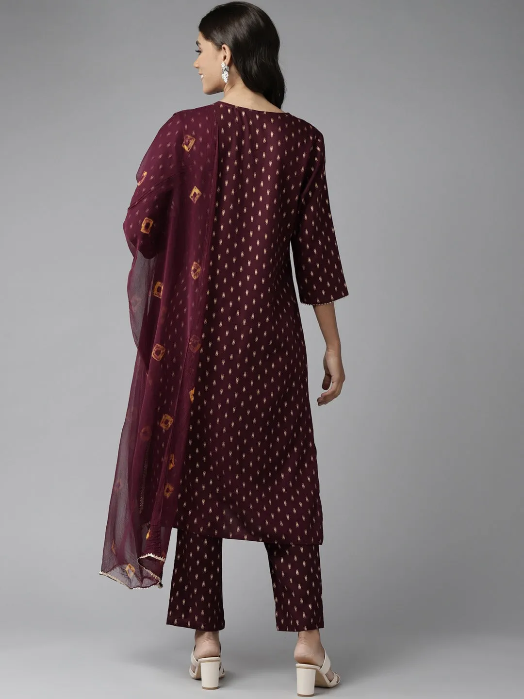 Women Burgundy Sequins Work Rayon Kurta With Pant And Dupatta Set