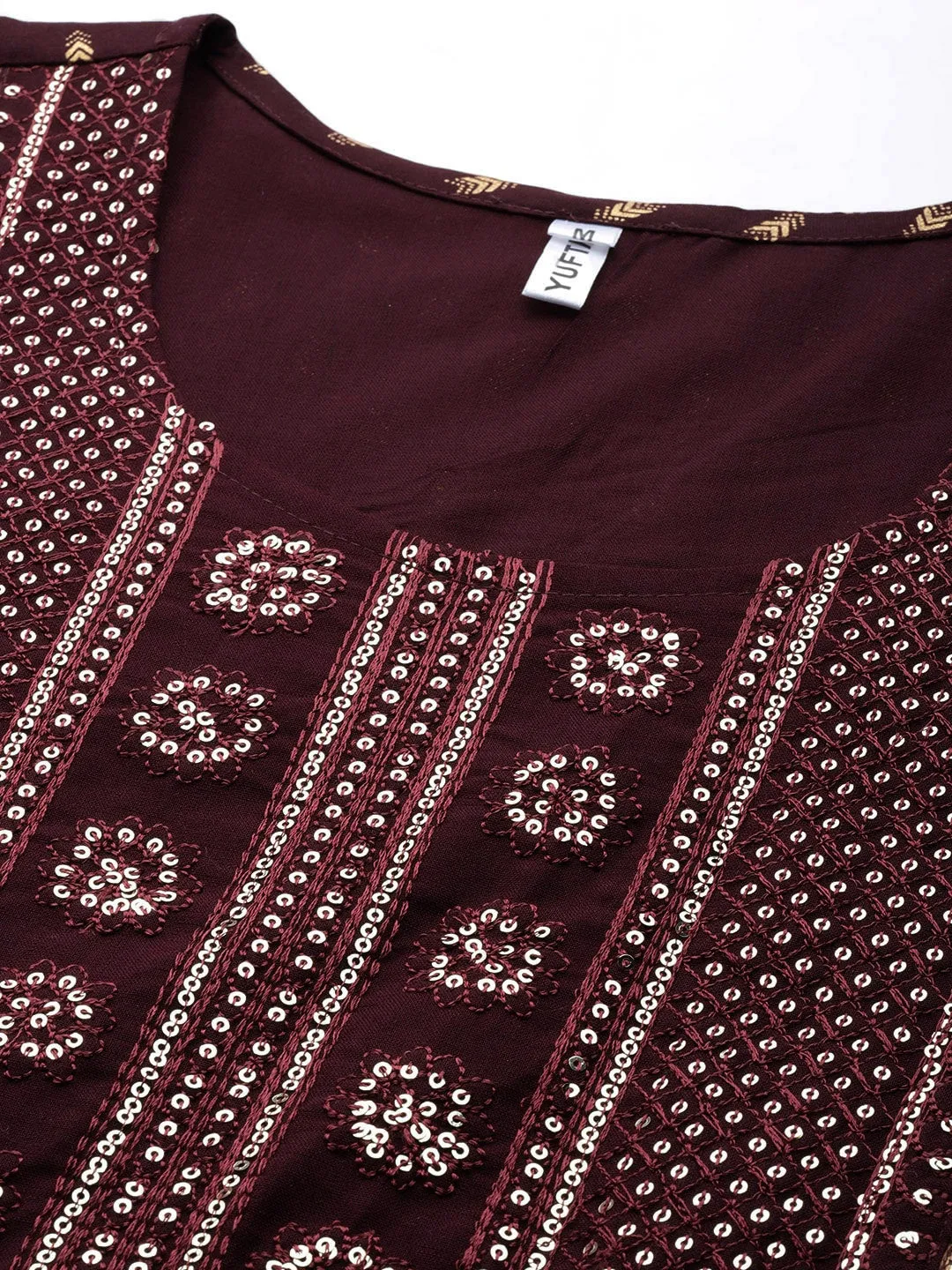 Women Burgundy Sequins Work Rayon Kurta With Pant And Dupatta Set