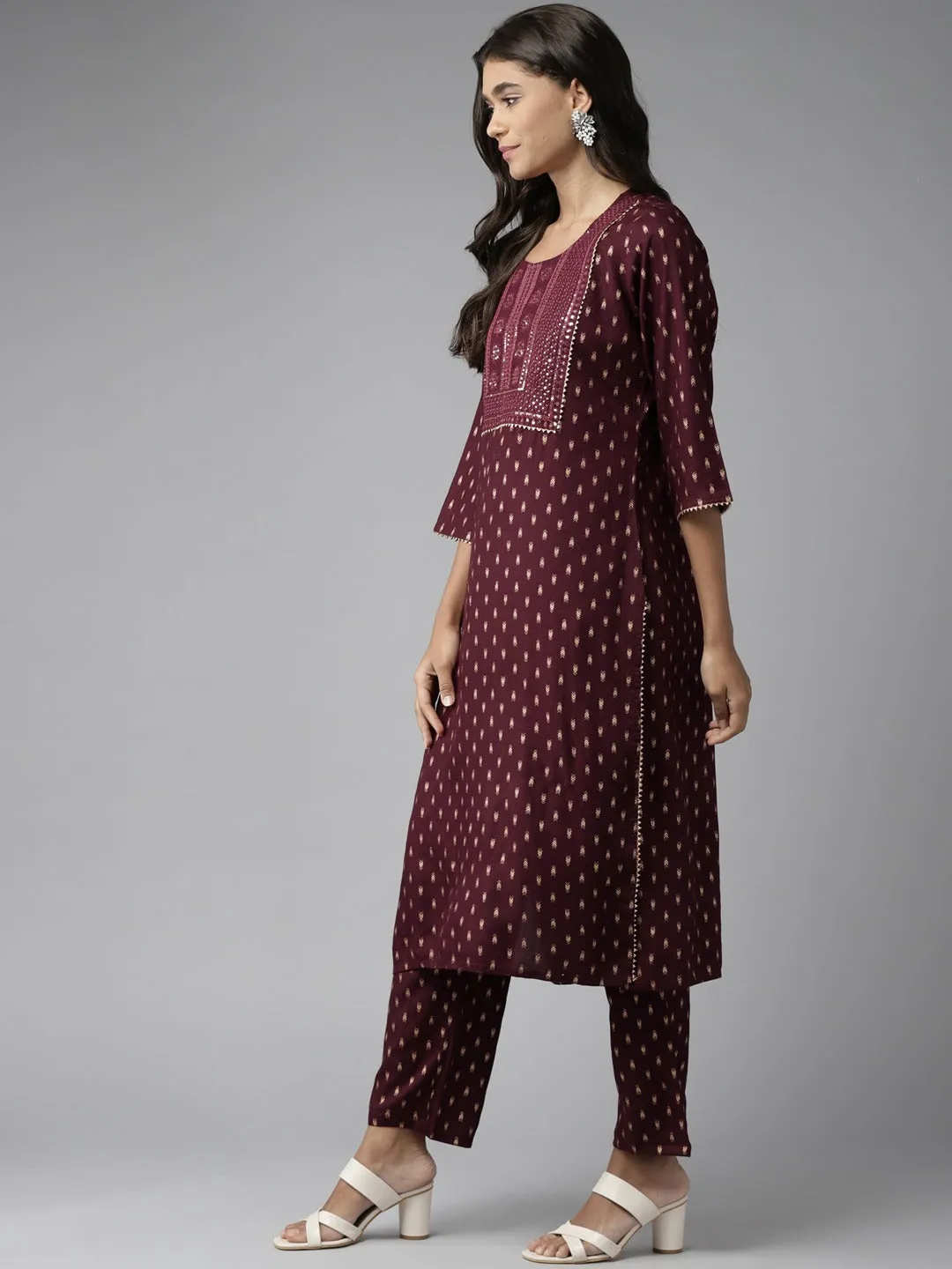 Women Burgundy Sequins Work Rayon Kurta With Pant And Dupatta Set