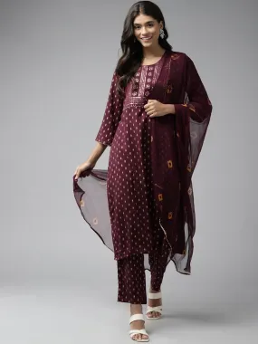 Women Burgundy Sequins Work Rayon Kurta With Pant And Dupatta Set