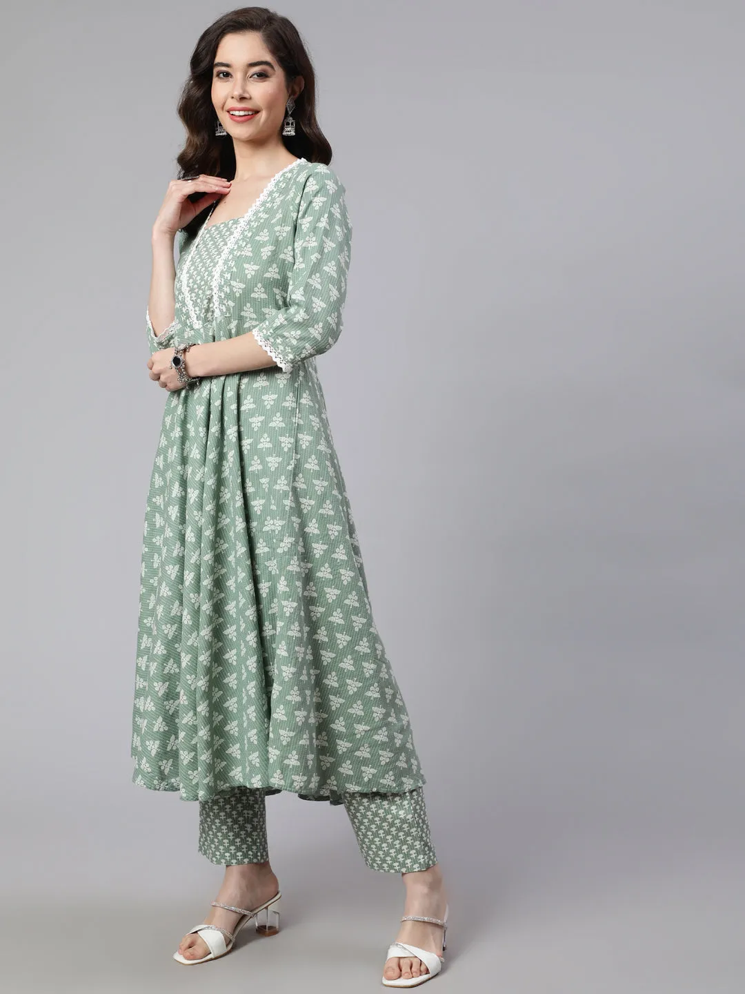 Women Green Woven Ethnic Print Embroidered  Flared Laced Kurta  With Printed Palazzo