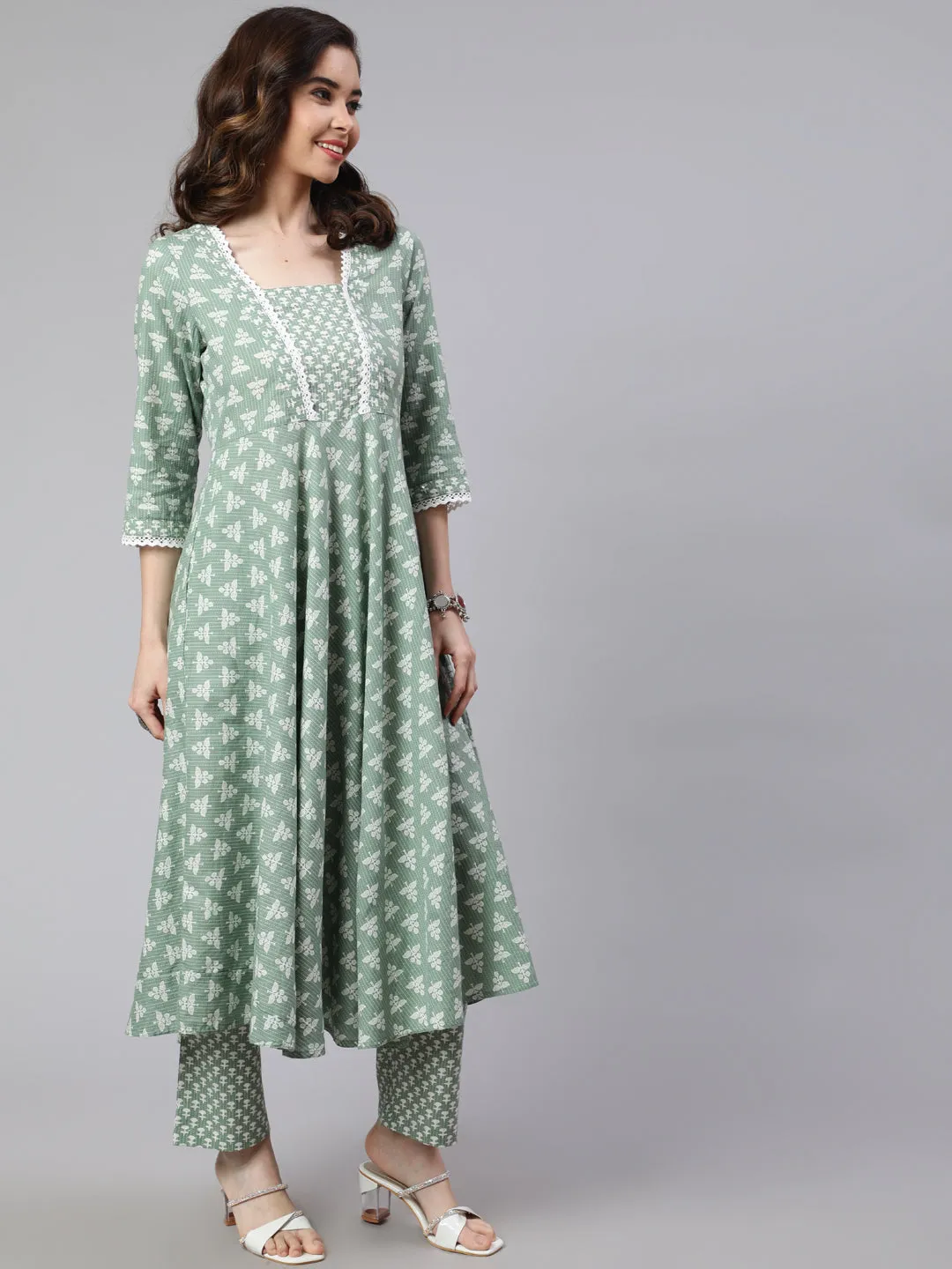 Women Green Woven Ethnic Print Embroidered  Flared Laced Kurta  With Printed Palazzo