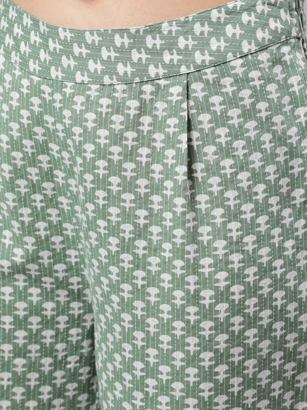 Women Green Woven Ethnic Print Embroidered  Flared Laced Kurta  With Printed Palazzo