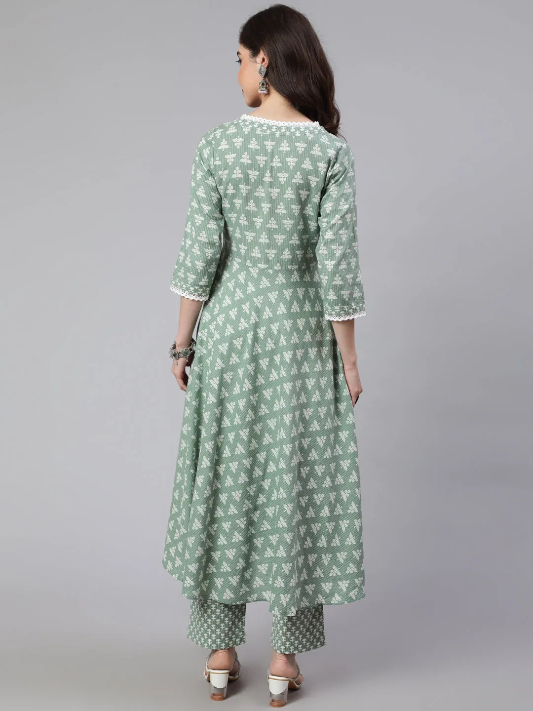 Women Green Woven Ethnic Print Embroidered  Flared Laced Kurta  With Printed Palazzo