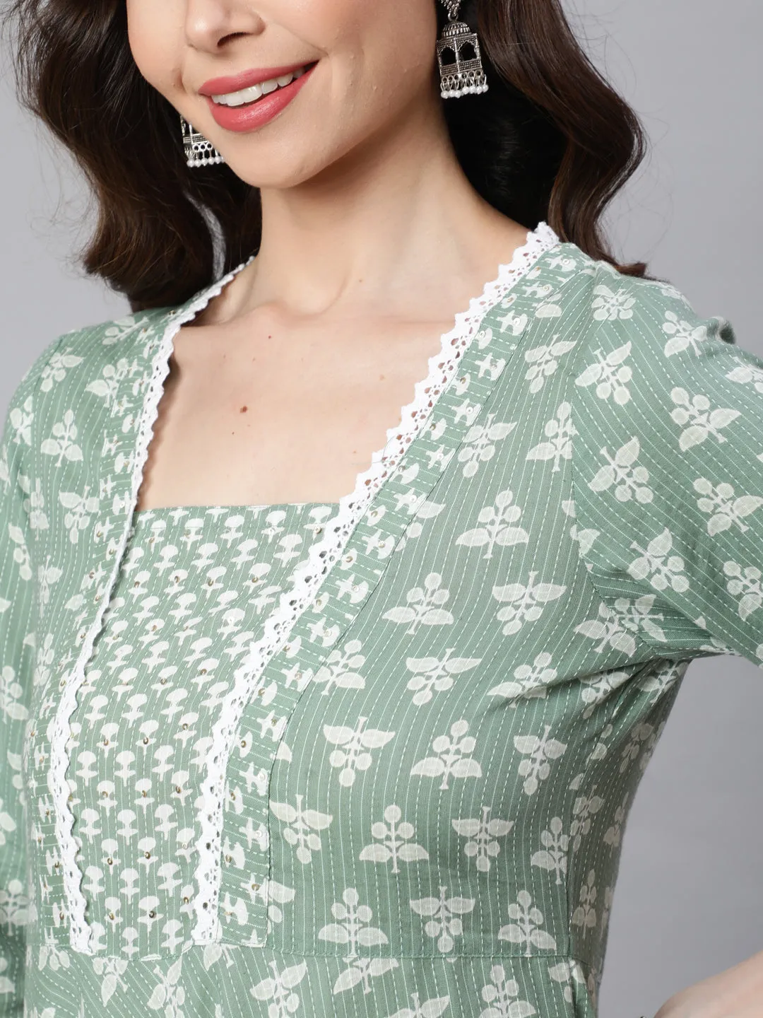 Women Green Woven Ethnic Print Embroidered  Flared Laced Kurta  With Printed Palazzo