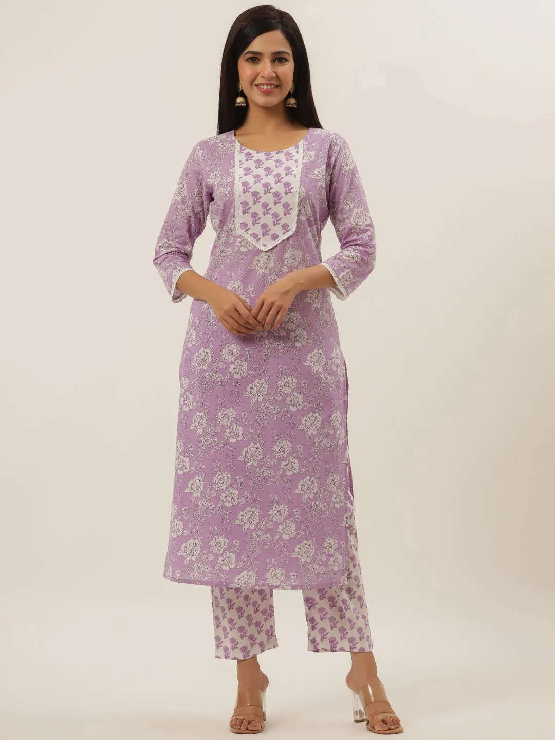 Women Lavender  Cotton Kurta Set With Dupatta