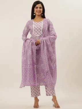 Women Lavender  Cotton Kurta Set With Dupatta