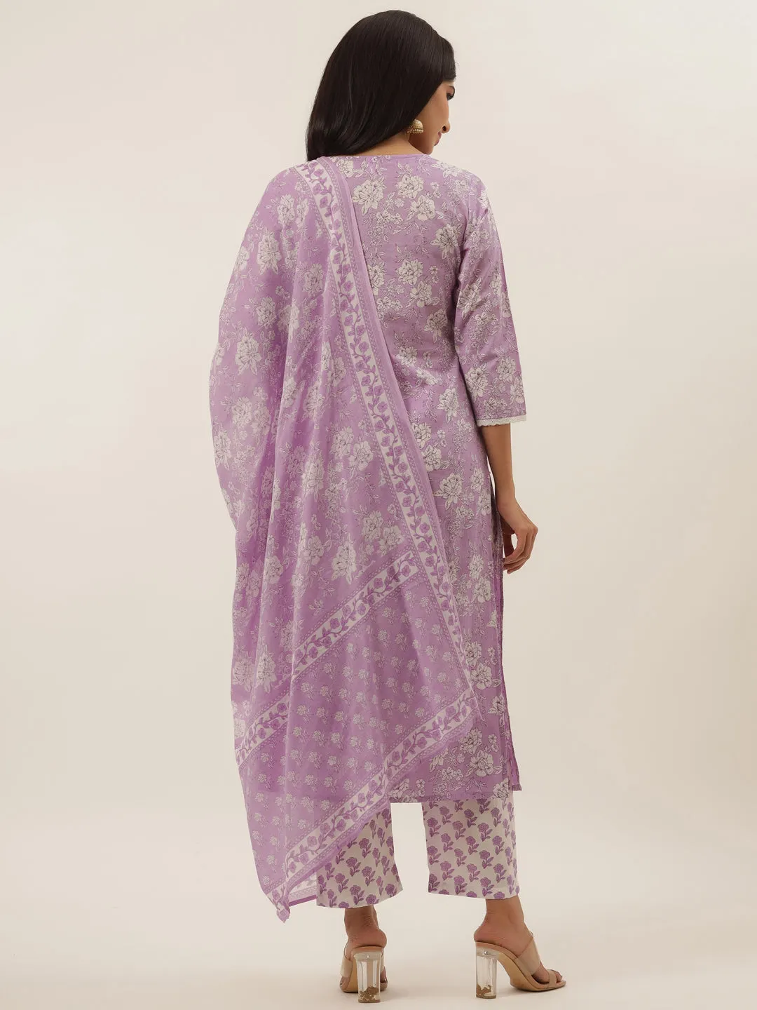 Women Lavender  Cotton Kurta Set With Dupatta