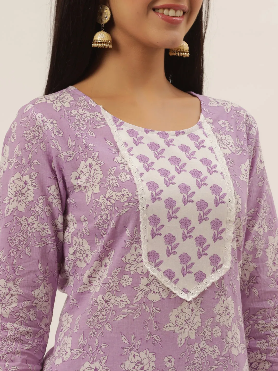 Women Lavender  Cotton Kurta Set With Dupatta