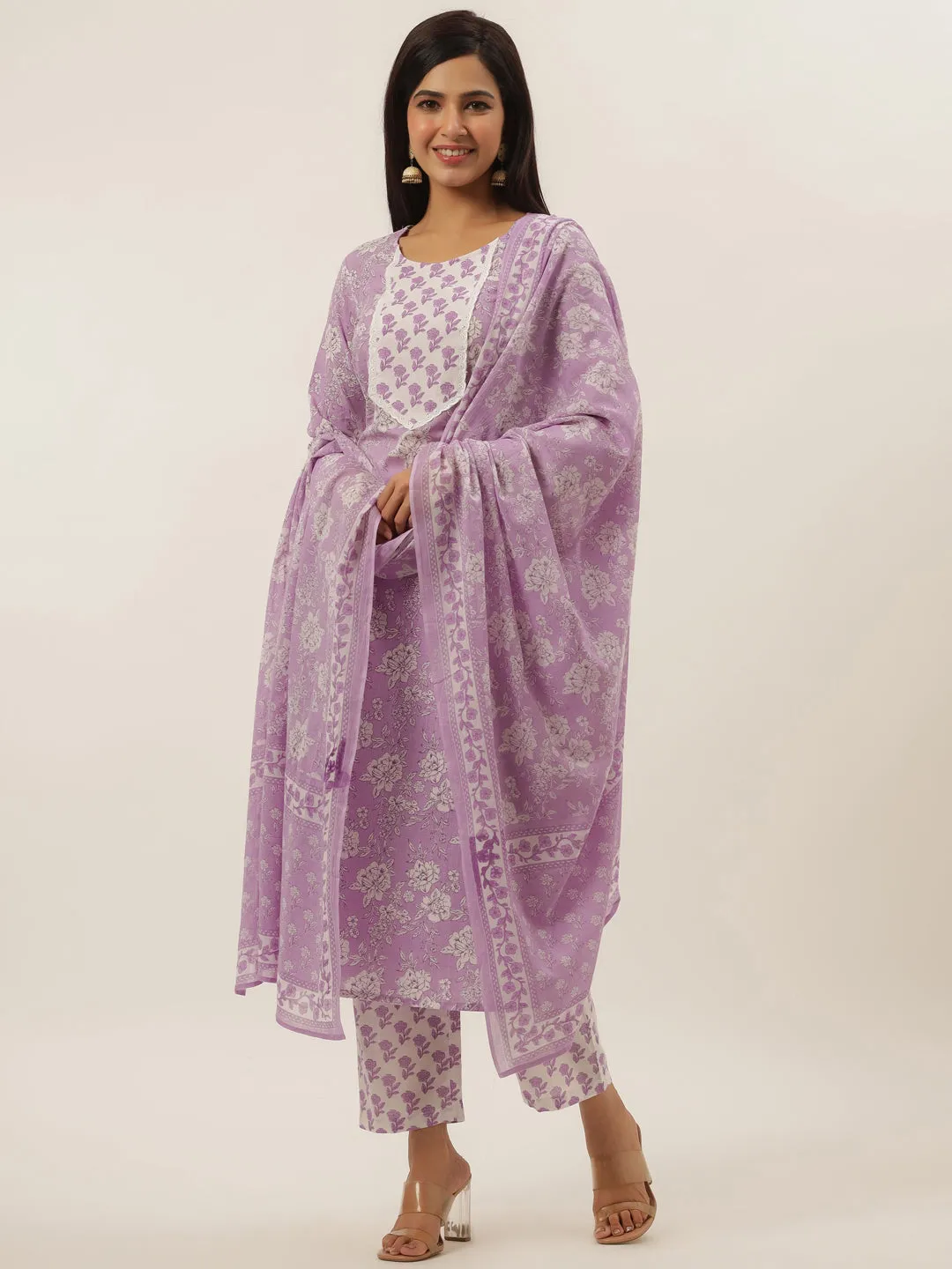 Women Lavender  Cotton Kurta Set With Dupatta