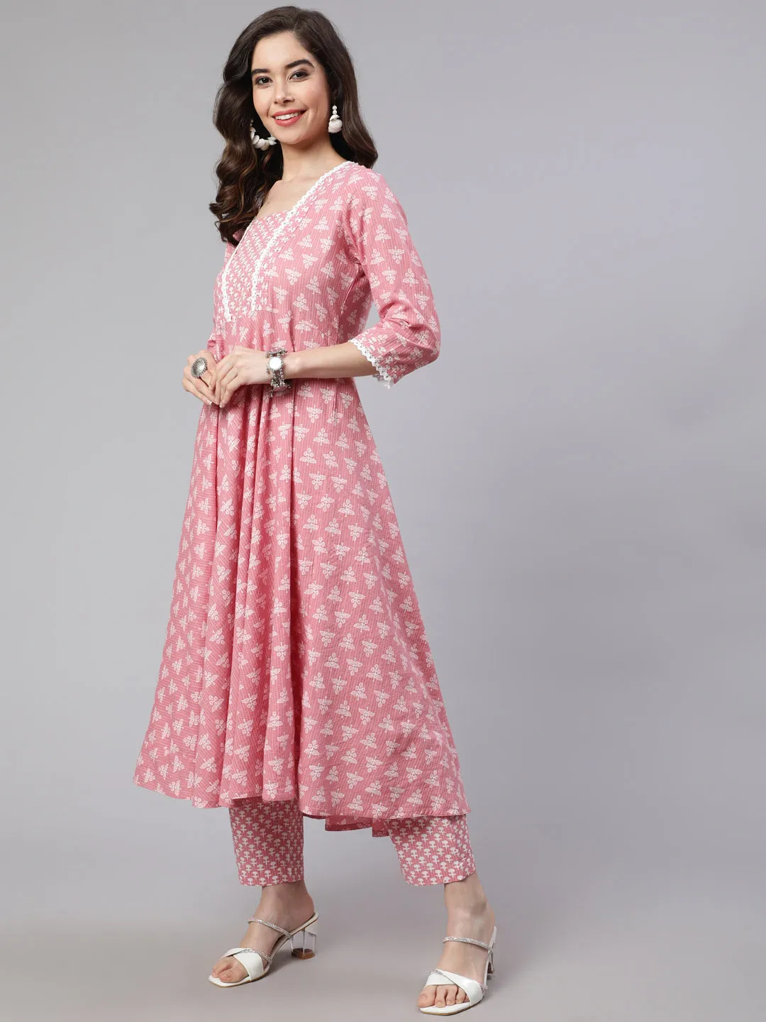 Women Pink Woven Ethnic Print Embroidered  Flared Laced Kurta  With Printed Palazzo