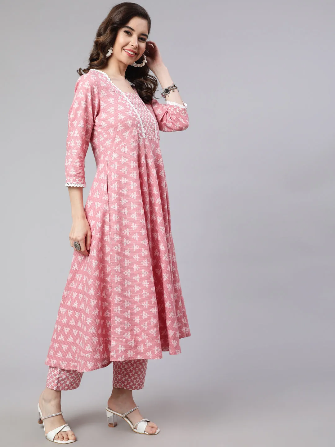Women Pink Woven Ethnic Print Embroidered  Flared Laced Kurta  With Printed Palazzo