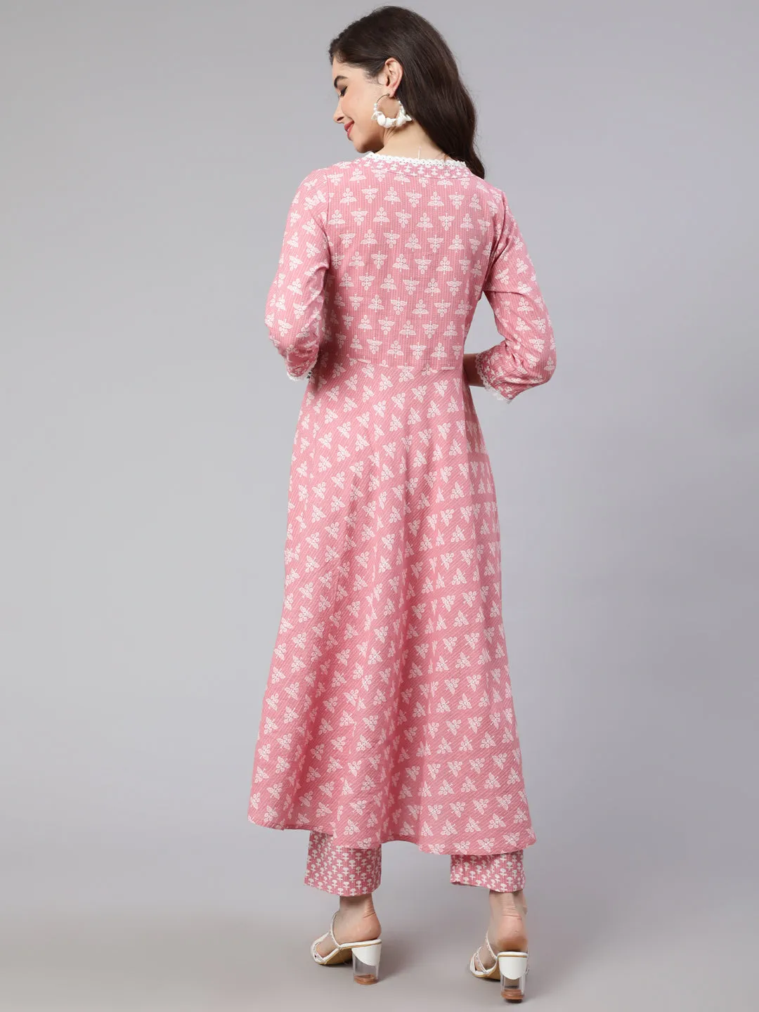 Women Pink Woven Ethnic Print Embroidered  Flared Laced Kurta  With Printed Palazzo