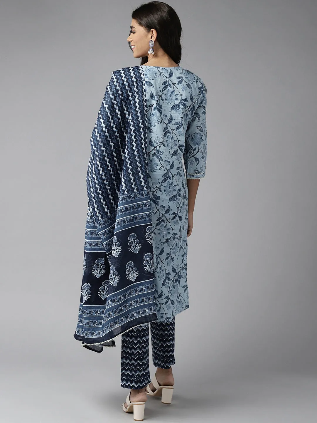 Women Sky Blue And Mirror Work Cotton Kurta With Pant And Dupatta Set