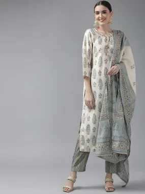 Women Sky Blue And Off White Aari Work Muslin Kurta With Pant And Dupatta Set