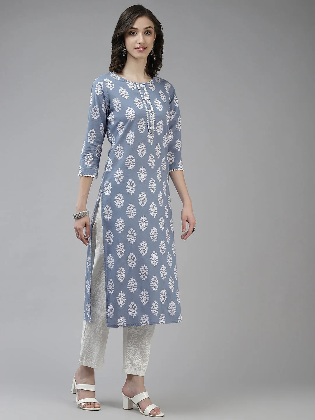 Women Sky Blue And White Block Print Cotton Kurta With Palazzo & Dupatta