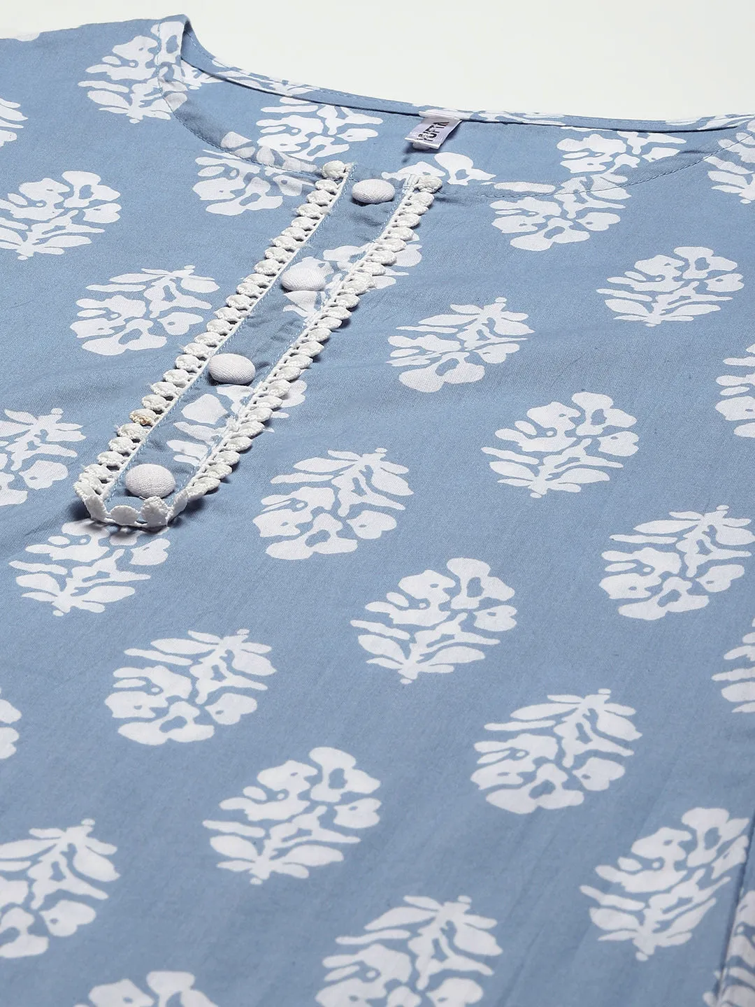 Women Sky Blue And White Block Print Cotton Kurta With Palazzo & Dupatta