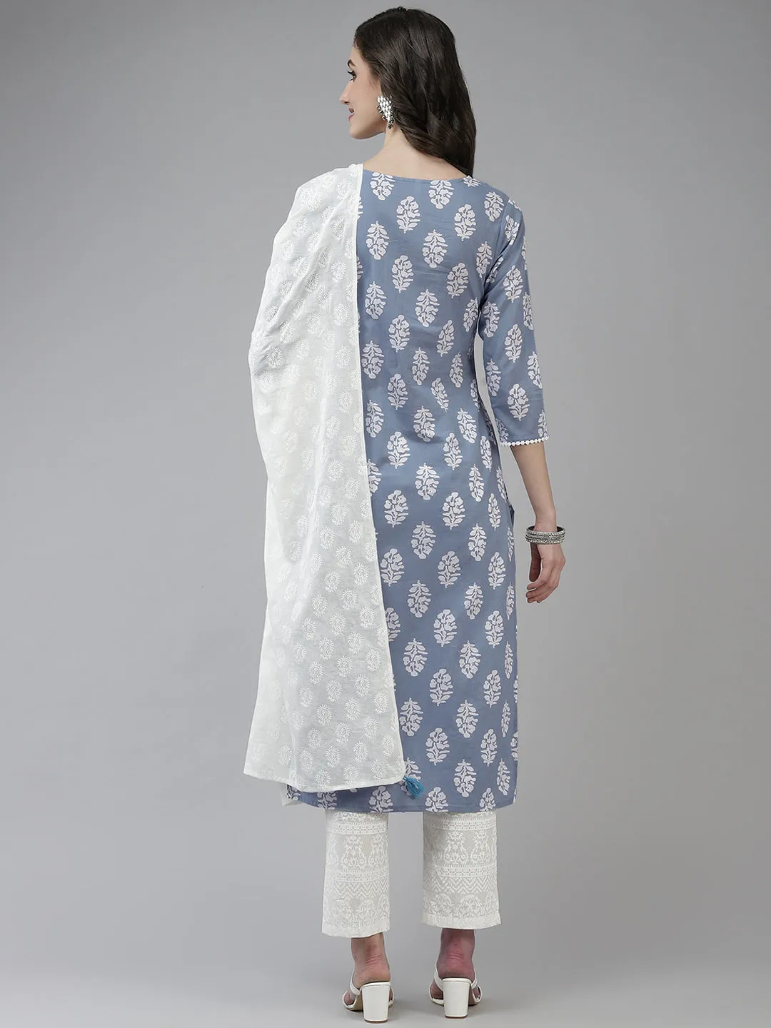 Women Sky Blue And White Block Print Cotton Kurta With Palazzo & Dupatta