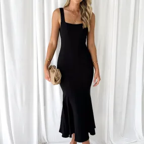 Women's Black Spaghetti Strap Bodycon U-Neck Dress